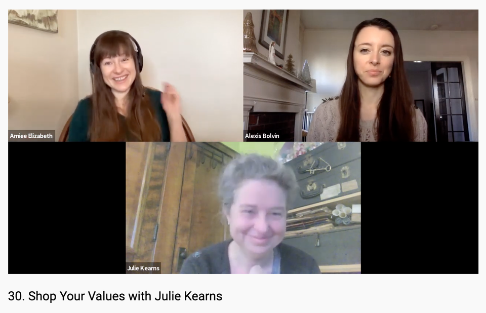 Image description: screen capture of a Zoom meeting featuring guest speaker Julie & podcast co-hosts Alexis & Amiee